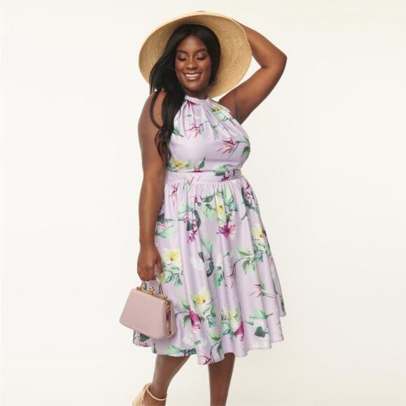 Unique Vintage Purple and Green Floral Halter Midi Lombard Swing Dress NWT - Picture 1 of 7